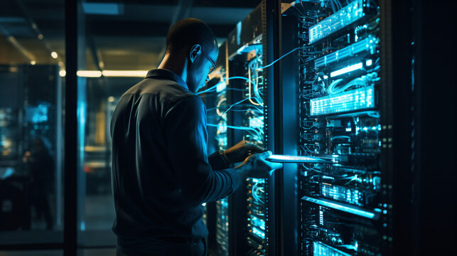 データセンターのネットワークとサイバーセキュリティ、サーバールームのコンピューターで働くエンジニア © Junsei