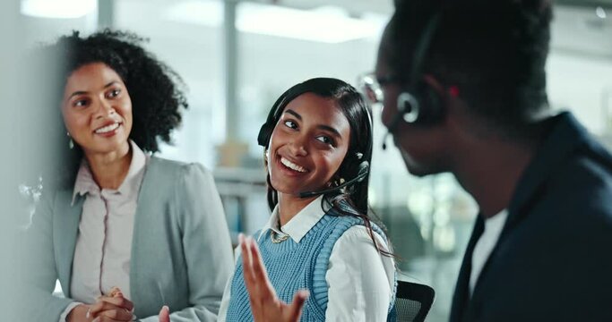 Coaching, telemarketing and business people with help, call center and communication with computer. Staff, group and man with women, tech support and customer service with headset and mentor with crm