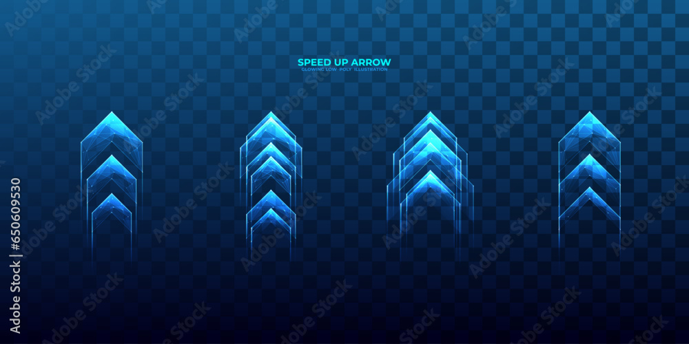 Poster Blue speed growth up arrows set. Isolated digital abstract arrow with glowing neon lines, connected dots on a dark background. Hologram boosting web signs in futuristic low poly wireframe style. 