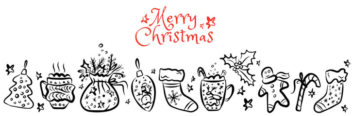 Long Christmas banner - Christmas cup, gift box, Santa Claus bag, gingerbread man, ball, sock on white background. Hand drawn style. Vector illustration. Merry Christmas. New Year.