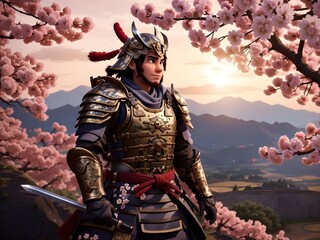 A fierce samurai warrior stands atop a mountain, overlooking a vast landscape of cherry blossom trees and rolling hills.