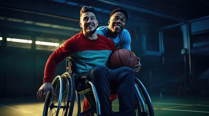 Obraz na płótnie Canvas two guys in wheelchairs playing basketball
