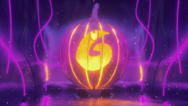 Digit 6 Cut in Halloween Pumpkin Lamp of Hammered Metal In Neon Light and Fire Sparkles. 4K Dark Futuristic Scene for Learnings Digits, Numbers and Count.