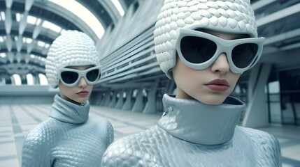 Futuristic high fashion female model with stylish sunglasses