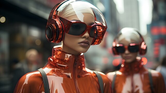 Futuristic high fashion female model with stylish sunglasses