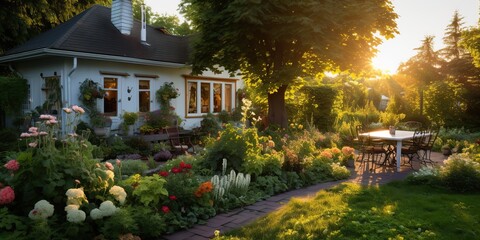 AI Generated. AI Generative. Nature outdoor exterior house garden with cozy table with many plants flowers. Family relaxing happy sunny time background