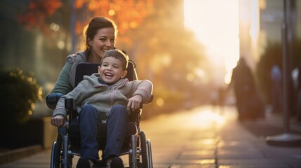 A beautiful little boy with a disability walks in a wheelchair with his mom at sunset. A child with disabilities - obrazy, fototapety, plakaty
