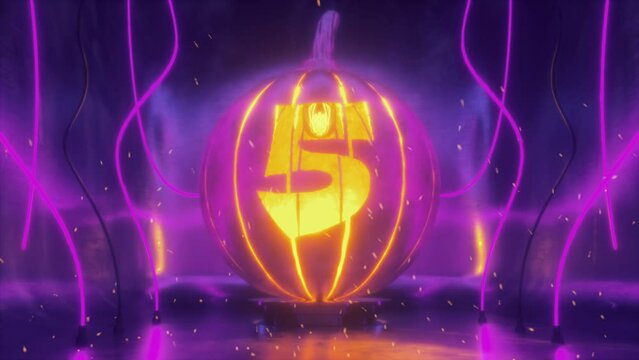 Number 5 Cut in Halloween Pumpkin Lamp of Hammered Metal In Neon light and Fire Sparkles. 4K Dark Futuristic Scene for Learnings Digits, Numbers and Count.
