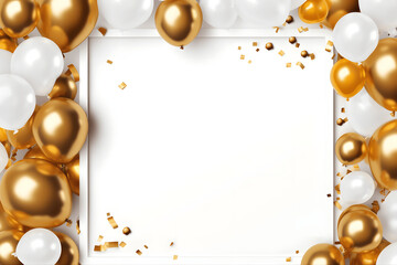 Fototapeta na wymiar White and Gold Balloons on White Background with Copy Space