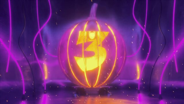 Number 3 Cut in Halloween Pumpkin Lamp of Hammered Metal In Neon light and Fire Sparkles. 4K Dark Futuristic Scene for Learnings Digits, Numbers and Count.