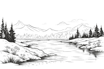 Landscape with mountain river lake forest, outline drawing vector scenery panorama - obrazy, fototapety, plakaty