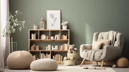 An interior render of a nursery, featuring a stylish scandinavian newborn baby room with toys, plush animals, and child accessories