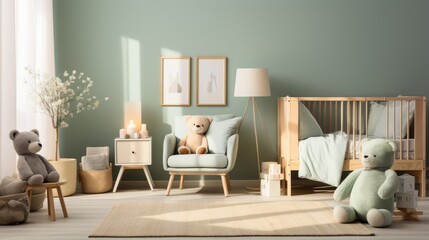 Fototapeta premium An interior render of a nursery, featuring a stylish scandinavian newborn baby room with toys, plush animals, and child accessories