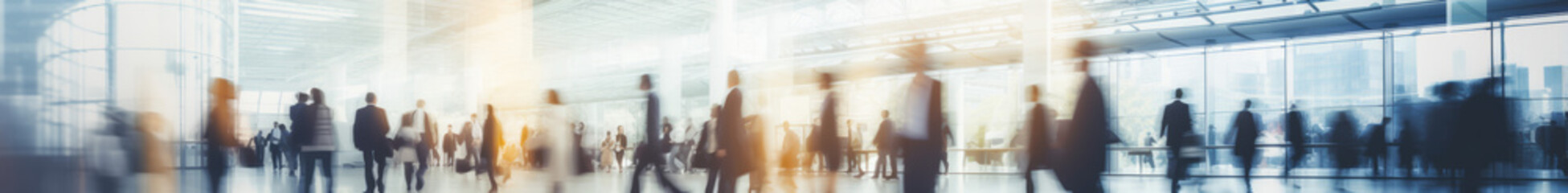 Blurred business people walking at a trade fair, conference or walking in a modern hall or airport, motion speed blur, wide panoramic banner.