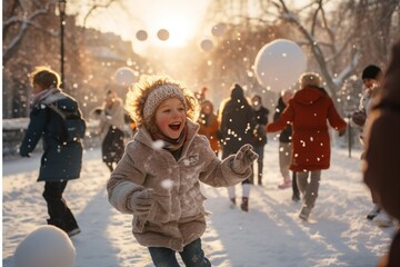 A snowball fight between children - obrazy, fototapety, plakaty