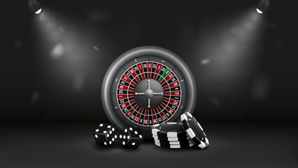 3d roulette for casino with dice and poker chips in black and white with glowing lamps on a dark background.