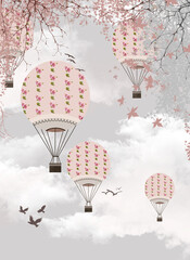 soft pink balloons on a light grey background of the sky