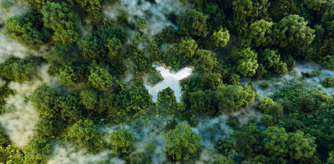 An airplane-shaped lake amid pristine wilderness, signifying the interplay of air travel, ecotourism, and environmental care. 3d rendering