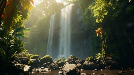 A majestic waterfall surrounded by lush jungle foliage