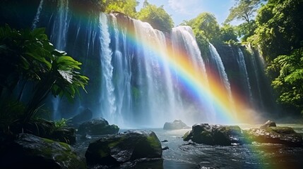A majestic waterfall with a vibrant rainbow cascading through it