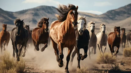 Fotobehang A dynamic herd of horses galloping across a rustic dirt field © KWY