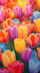 A vibrant field of tulips in full bloom - obrazy, fototapety, plakaty