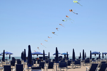 Beach in Bibione Italy with longhairs, umbrellas at the end of season