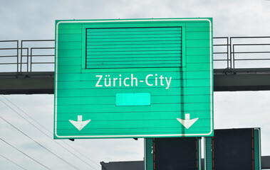 Roadsign to Zurich on highway in Switzerland