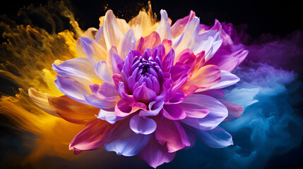 Craft an image where a color powder bloom is illuminated from behind, creating a halo effect.