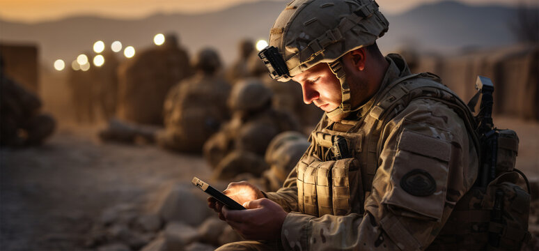Handsome young soldier using digital tablet 