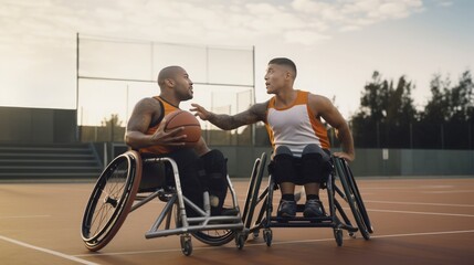 two guys in wheelchairs playing basketball