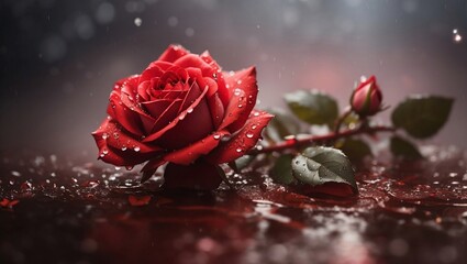 
"Enchanting red rose in misty ambiance."