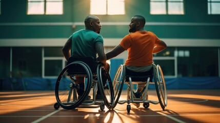 two guys in wheelchairs playing basketball - obrazy, fototapety, plakaty