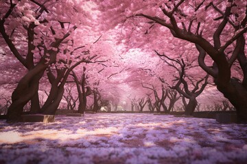A vibrant pink tree-filled park