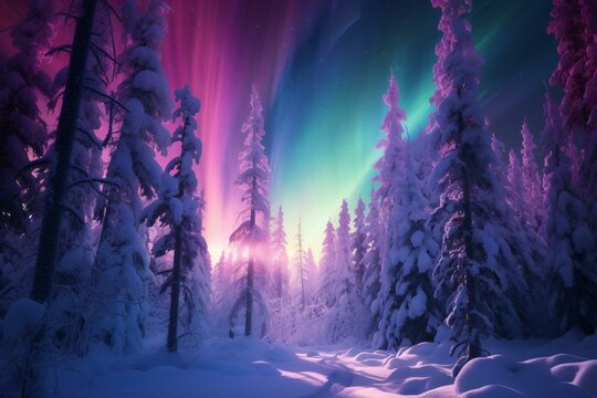 A winter wonderland with snow-covered trees in a serene forest