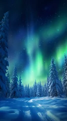 Afwasbaar Fotobehang Noorderlicht A winter wonderland with a mesmerizing display of the Northern Lights dancing above a snowy forest