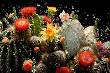 A group of cactus plants covered in dewdrops