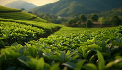 A scenic tea plantation with majestic mountains in the backdrop - obrazy, fototapety, plakaty