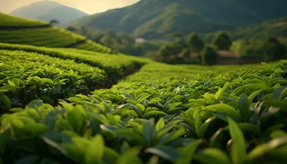 Fototapeten A scenic tea plantation with majestic mountains in the backdrop © KWY