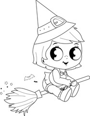 Baby Halloween witch flying with a magic broom. Vector black and white coloring page.
