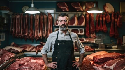Man standing in front of shelves with raw meat. Male butcher or shopkeeper working in modern meathsop, Generative Ai