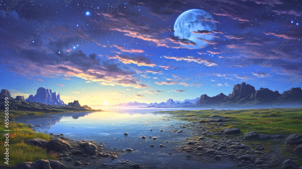 Wall mural fantasy landscape scene features a moonlit night with mountains and a tranquil sea