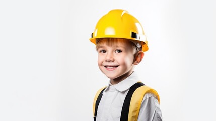 Portrait of a boy in safety helmet is on white background and copyspace.