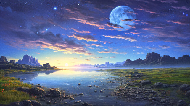 fantasy landscape scene features a moonlit night with mountains and a tranquil sea