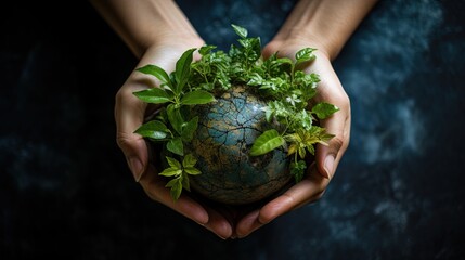 a photo of a person hands holding a pot with earth with a small green sprout plant growing. care for the planet.
