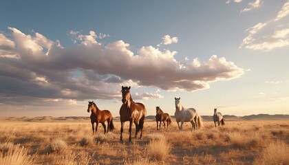 A majestic herd of horses grazing on a golden field - obrazy, fototapety, plakaty