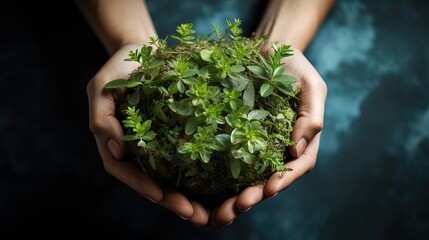 Naklejka na ściany i meble a photo of a person hands holding earth with a small green sprout plant growing. care for the planet. 