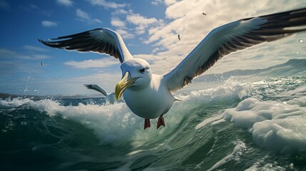 A seagull in mid-flight over a crashing wave in the vast ocean - Powered by Adobe