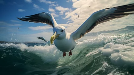 Fotobehang A seagull in mid-flight over a crashing wave in the vast ocean © KWY