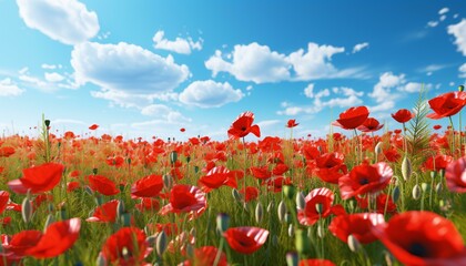 Naklejka premium A vibrant field of red flowers under a clear blue sky